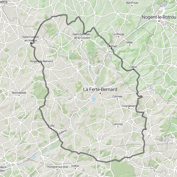 Miniature de la carte de l'inspiration cycliste "Route des Collines Sarthoises" dans la Pays de la Loire, France. Générée par le planificateur d'itinéraire cycliste Tarmacs.app