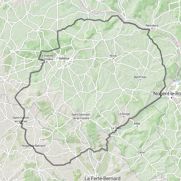 Map miniature of "The Huisne Valley Ride" cycling inspiration in Pays de la Loire, France. Generated by Tarmacs.app cycling route planner