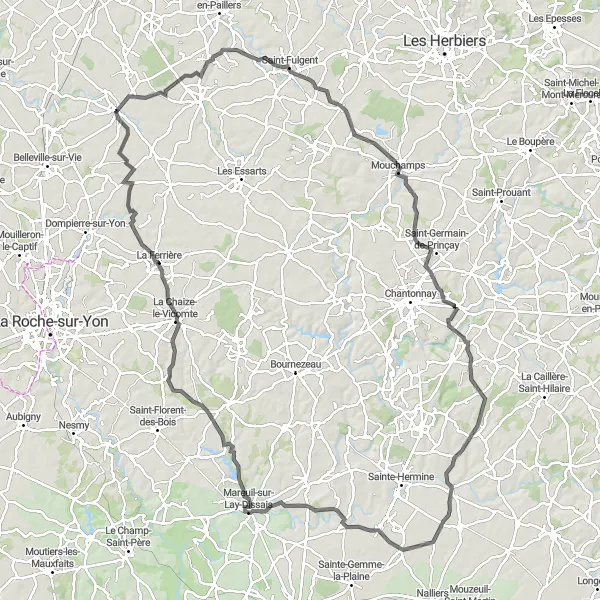 Map miniature of "The Saint-Fulgent Challenge" cycling inspiration in Pays de la Loire, France. Generated by Tarmacs.app cycling route planner