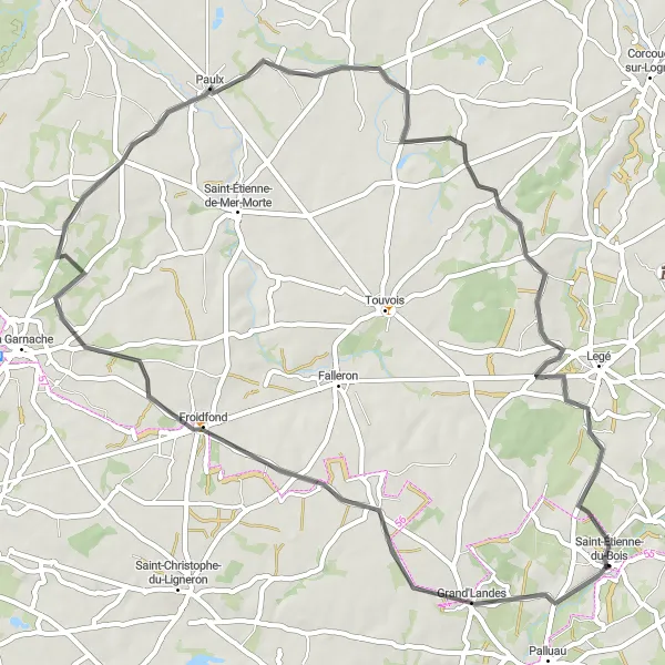 Map miniature of "The Grand'Landes Loop" cycling inspiration in Pays de la Loire, France. Generated by Tarmacs.app cycling route planner