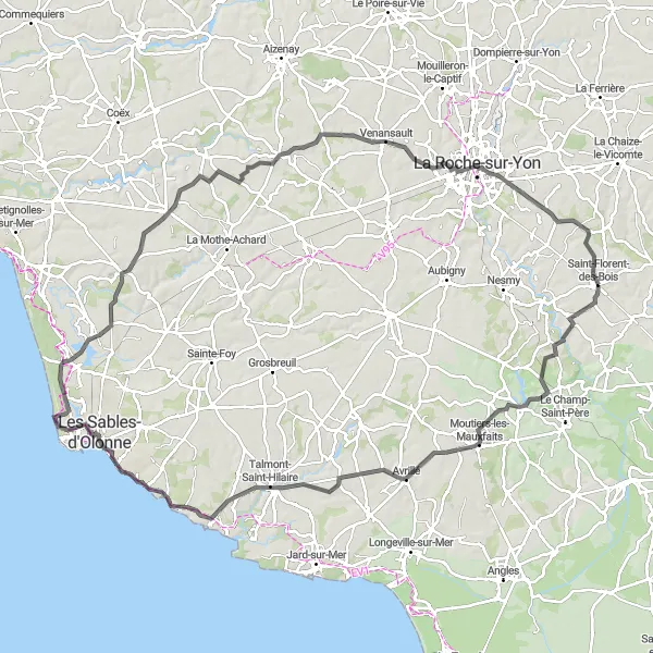 Map miniature of "Tour of Vendée" cycling inspiration in Pays de la Loire, France. Generated by Tarmacs.app cycling route planner