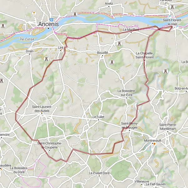 Miniature de la carte de l'inspiration cycliste "Boucle des Mauges en Gravel" dans la Pays de la Loire, France. Générée par le planificateur d'itinéraire cycliste Tarmacs.app