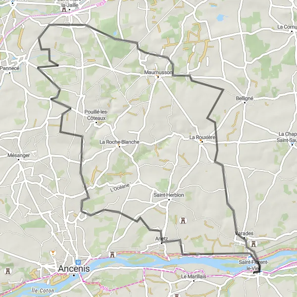 Miniature de la carte de l'inspiration cycliste "Boucle des bords de Loire" dans la Pays de la Loire, France. Générée par le planificateur d'itinéraire cycliste Tarmacs.app