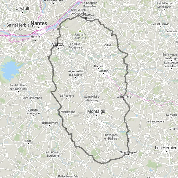 Map miniature of "Road cycling route from Saint-Fulgent to La Boissière-de-Montaigu" cycling inspiration in Pays de la Loire, France. Generated by Tarmacs.app cycling route planner