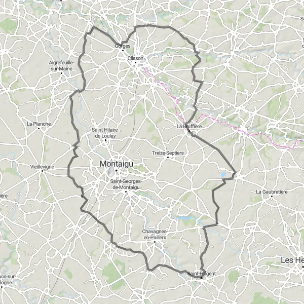 Map miniature of "Road cycling route from Saint-Fulgent to Château de l'Echasserie" cycling inspiration in Pays de la Loire, France. Generated by Tarmacs.app cycling route planner
