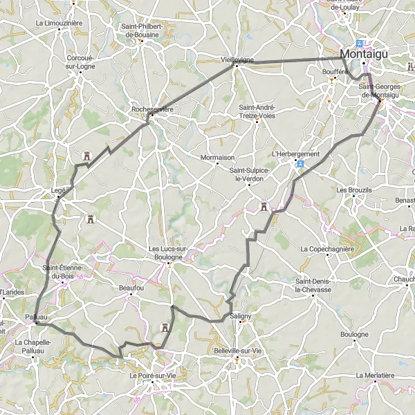 Map miniature of "Palluau and Rocheservière Circuit" cycling inspiration in Pays de la Loire, France. Generated by Tarmacs.app cycling route planner