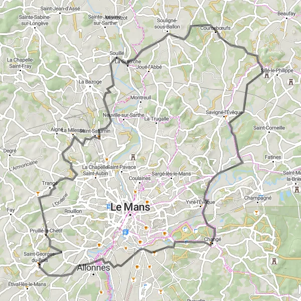 Map miniature of "The Sarthe River Loop" cycling inspiration in Pays de la Loire, France. Generated by Tarmacs.app cycling route planner