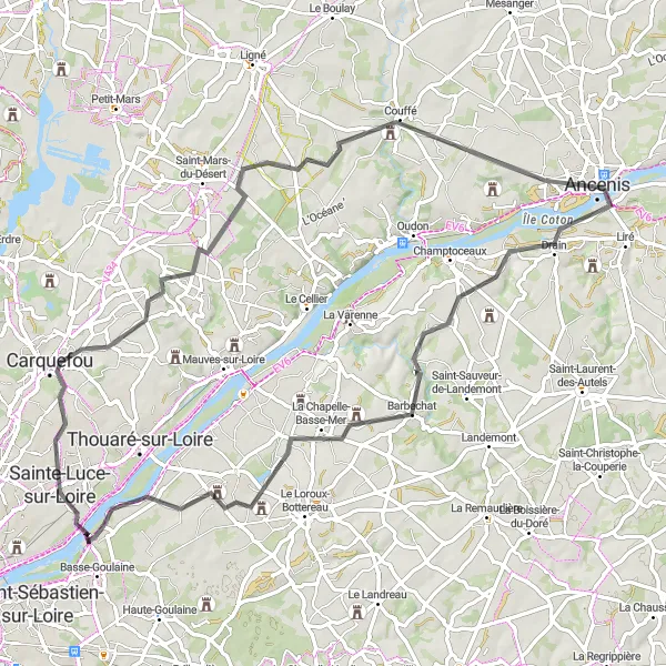 Miniature de la carte de l'inspiration cycliste "Chemin de la Loire" dans la Pays de la Loire, France. Générée par le planificateur d'itinéraire cycliste Tarmacs.app