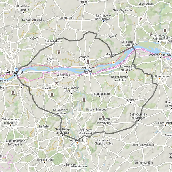 Miniature de la carte de l'inspiration cycliste "Les Châteaux de la Loire" dans la Pays de la Loire, France. Générée par le planificateur d'itinéraire cycliste Tarmacs.app