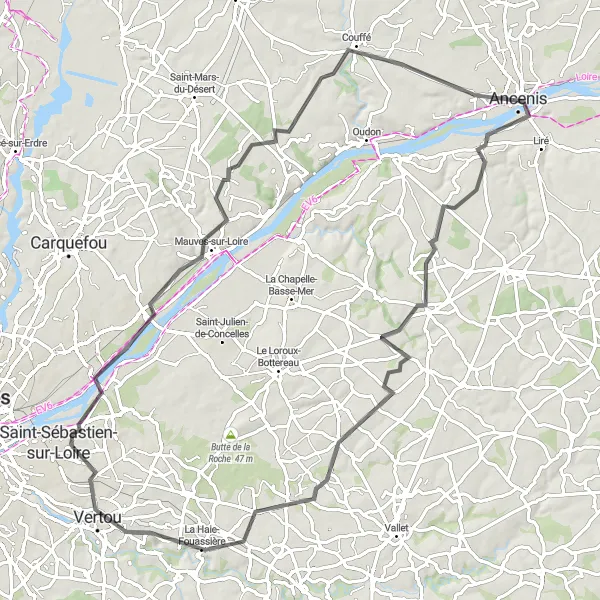 Map miniature of "Loire Valley Scenic Ride via Landemont and Mauves-sur-Loire" cycling inspiration in Pays de la Loire, France. Generated by Tarmacs.app cycling route planner