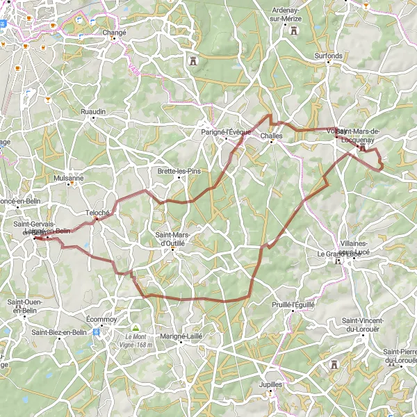 Miniature de la carte de l'inspiration cycliste "Les collines de Teloché" dans la Pays de la Loire, France. Générée par le planificateur d'itinéraire cycliste Tarmacs.app