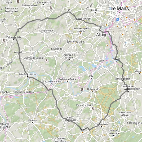 Miniature de la carte de l'inspiration cycliste "Boucle Sarthoise" dans la Pays de la Loire, France. Générée par le planificateur d'itinéraire cycliste Tarmacs.app
