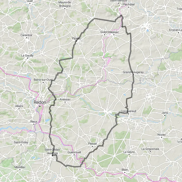 Map miniature of "Rocher d'Uzel Grand Tour" cycling inspiration in Pays de la Loire, France. Generated by Tarmacs.app cycling route planner