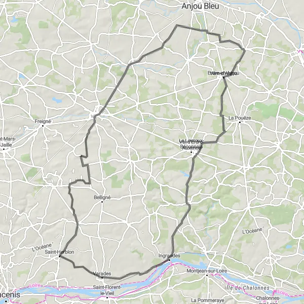 Miniature de la carte de l'inspiration cycliste "Escapade à travers l'Anjou" dans la Pays de la Loire, France. Générée par le planificateur d'itinéraire cycliste Tarmacs.app