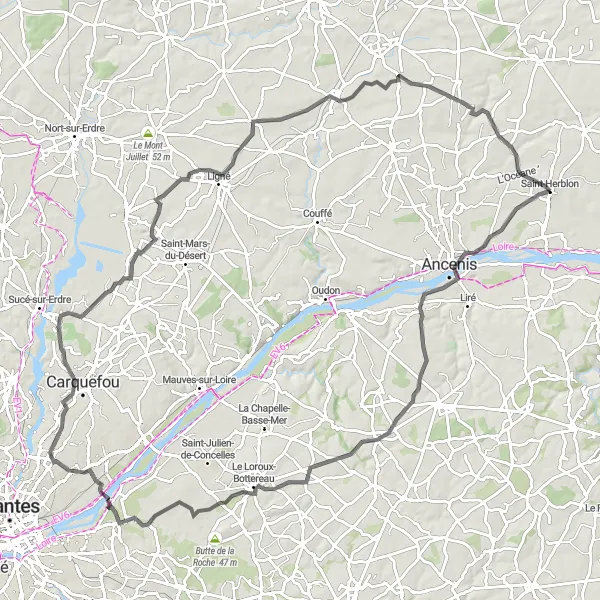 Miniature de la carte de l'inspiration cycliste "Parcours épique à vélo autour de Saint-Herblon" dans la Pays de la Loire, France. Générée par le planificateur d'itinéraire cycliste Tarmacs.app