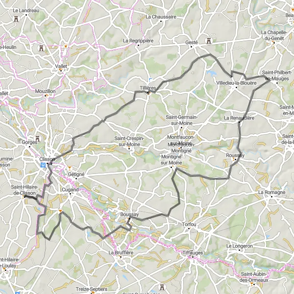 Map miniature of "Château de Clisson and L'Emerière Road Loop" cycling inspiration in Pays de la Loire, France. Generated by Tarmacs.app cycling route planner