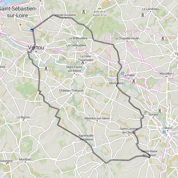 Map miniature of "Aigrefeuille-sur-Maine and Saint-Lumine-de-Clisson Road Loop" cycling inspiration in Pays de la Loire, France. Generated by Tarmacs.app cycling route planner