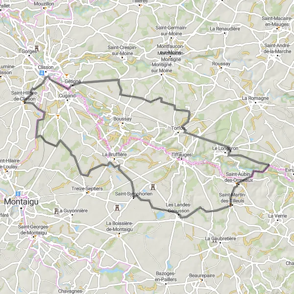 Map miniature of "Gétigné and Les Landes-Genusson Road Loop" cycling inspiration in Pays de la Loire, France. Generated by Tarmacs.app cycling route planner