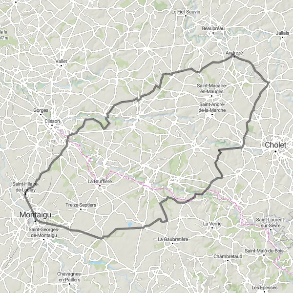 Map miniature of "The Montaigu Circuit" cycling inspiration in Pays de la Loire, France. Generated by Tarmacs.app cycling route planner