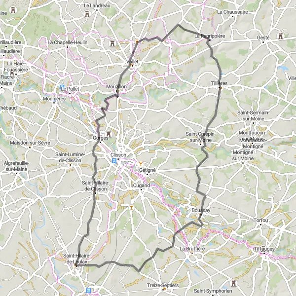 Miniature de la carte de l'inspiration cycliste "Saint-Hilaire-de-Clisson et La Jalousie" dans la Pays de la Loire, France. Générée par le planificateur d'itinéraire cycliste Tarmacs.app