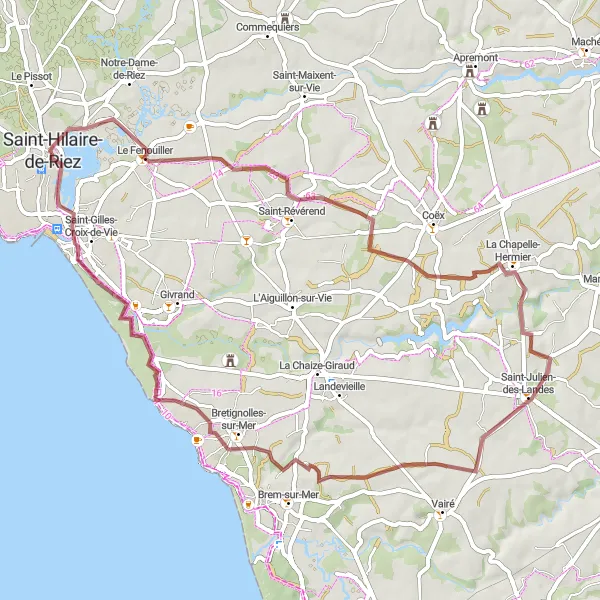 Miniature de la carte de l'inspiration cycliste "Parcours Gravel autour de Saint-Hilaire-de-Riez" dans la Pays de la Loire, France. Générée par le planificateur d'itinéraire cycliste Tarmacs.app