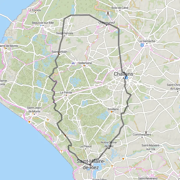 Miniature de la carte de l'inspiration cycliste "La Boucle des Marais Vendéens" dans la Pays de la Loire, France. Générée par le planificateur d'itinéraire cycliste Tarmacs.app