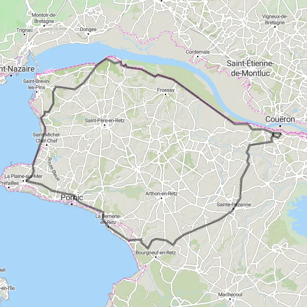 Map miniature of "Sainte-Pazanne and La Plaine-sur-Mer Circuit" cycling inspiration in Pays de la Loire, France. Generated by Tarmacs.app cycling route planner
