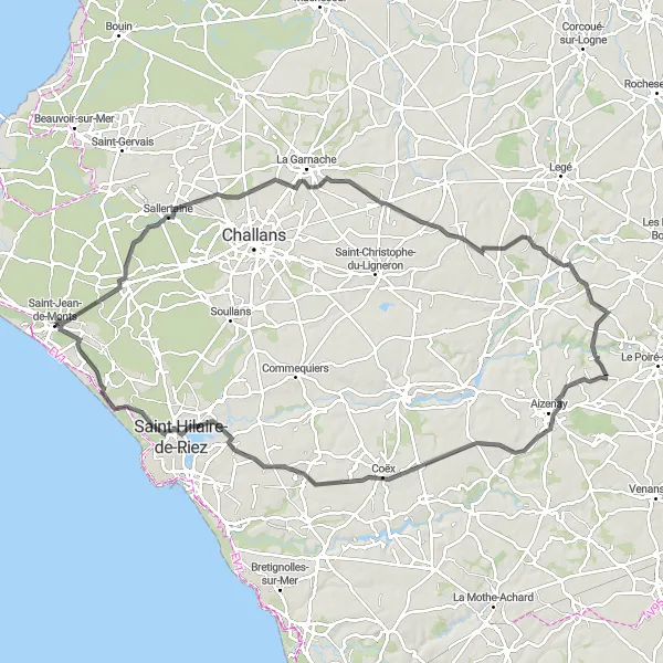 Miniature de la carte de l'inspiration cycliste "Aventure au cœur de la Vendée" dans la Pays de la Loire, France. Générée par le planificateur d'itinéraire cycliste Tarmacs.app