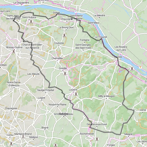 Map miniature of "Picturesque Ride: Exploring the Charming Villages and Countryside around Saint-Jean-des-Mauvrets" cycling inspiration in Pays de la Loire, France. Generated by Tarmacs.app cycling route planner