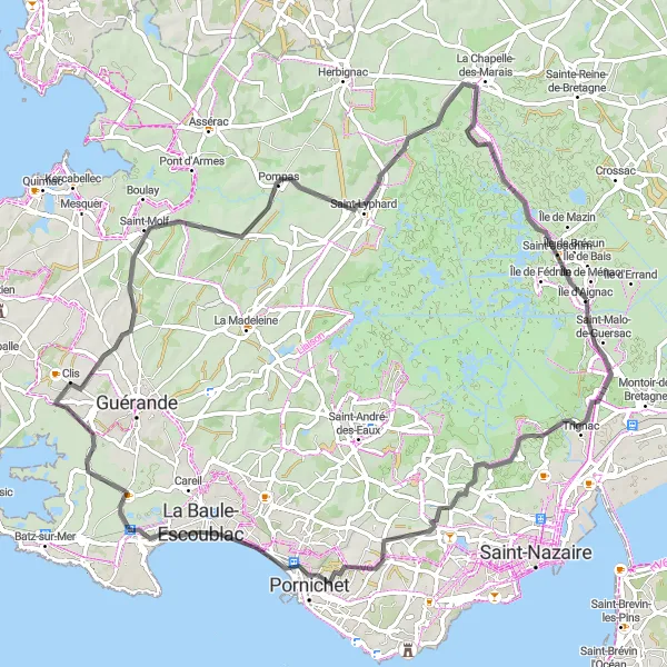 Miniature de la carte de l'inspiration cycliste "Le Tour de La Baule" dans la Pays de la Loire, France. Générée par le planificateur d'itinéraire cycliste Tarmacs.app
