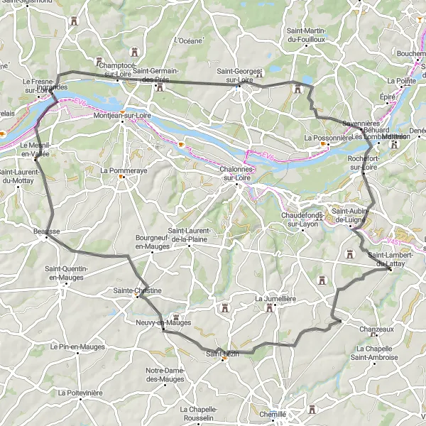 Map miniature of "Châteaux and Vineyards Trail" cycling inspiration in Pays de la Loire, France. Generated by Tarmacs.app cycling route planner