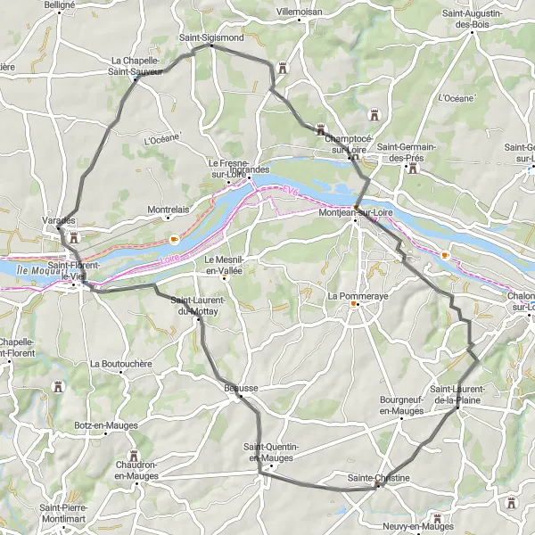 Map miniature of "Varades Loop" cycling inspiration in Pays de la Loire, France. Generated by Tarmacs.app cycling route planner