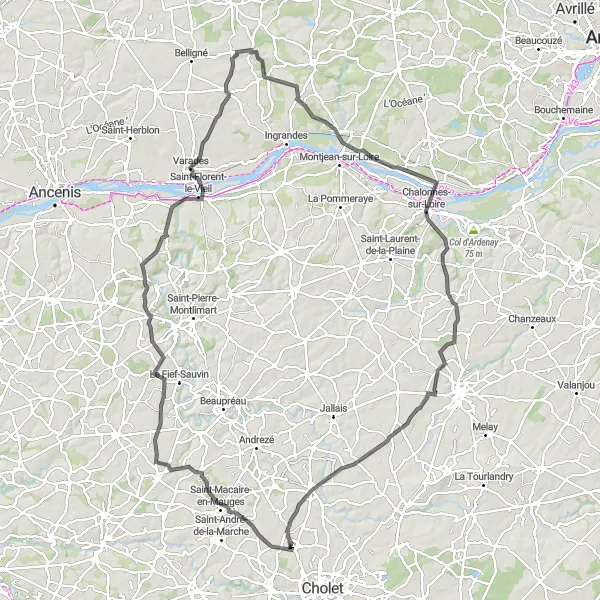 Map miniature of "The Mauges Loop Adventure" cycling inspiration in Pays de la Loire, France. Generated by Tarmacs.app cycling route planner