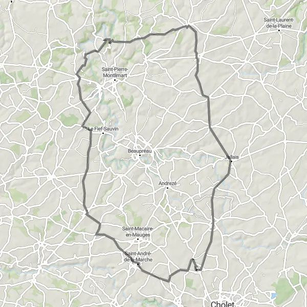 Map miniature of "The Saint-André-de-la-Marche Loop" cycling inspiration in Pays de la Loire, France. Generated by Tarmacs.app cycling route planner