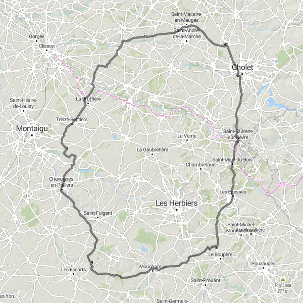 Map miniature of "Sous-Cholet Loop" cycling inspiration in Pays de la Loire, France. Generated by Tarmacs.app cycling route planner