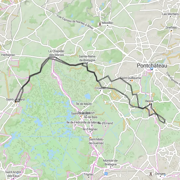 Map miniature of "The Marshes and Villages Ride" cycling inspiration in Pays de la Loire, France. Generated by Tarmacs.app cycling route planner