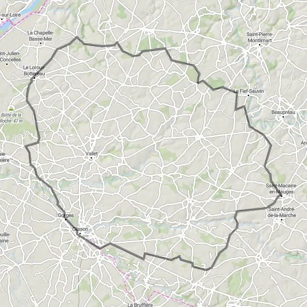 Map miniature of "The Vineyards of Nantes" cycling inspiration in Pays de la Loire, France. Generated by Tarmacs.app cycling route planner