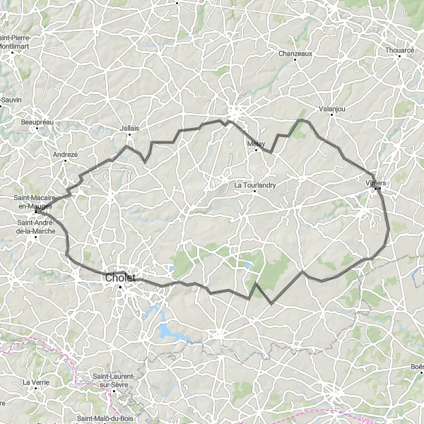 Map miniature of "The Mauges Loop" cycling inspiration in Pays de la Loire, France. Generated by Tarmacs.app cycling route planner