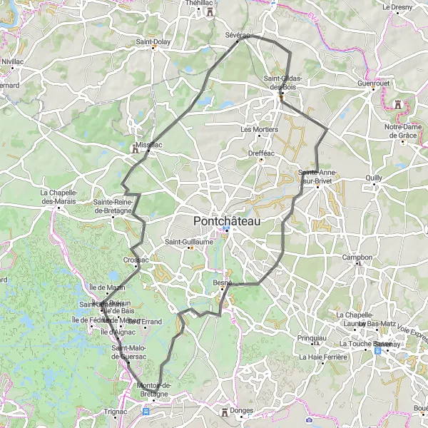 Miniature de la carte de l'inspiration cycliste "Les merveilles de l'estuaire de la Vilaine" dans la Pays de la Loire, France. Générée par le planificateur d'itinéraire cycliste Tarmacs.app