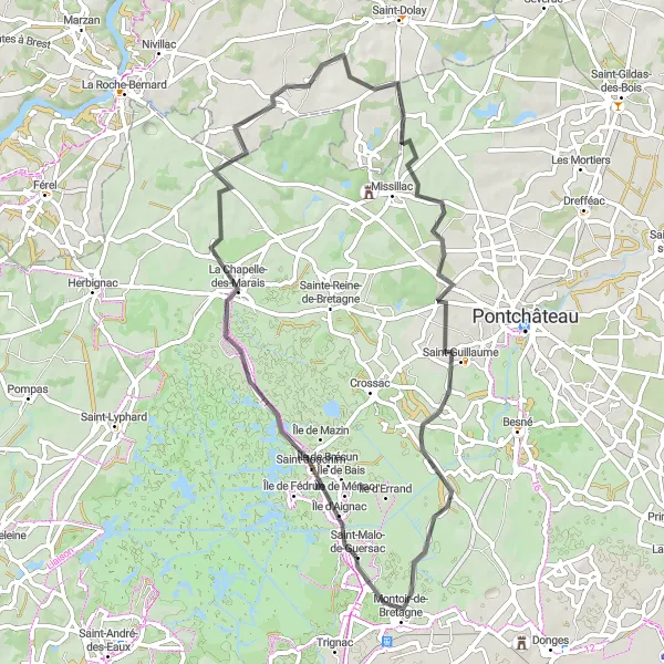 Miniature de la carte de l'inspiration cycliste "Parcours à La Chapelle-des-Marais et Montoir-de-Bretagne" dans la Pays de la Loire, France. Générée par le planificateur d'itinéraire cycliste Tarmacs.app