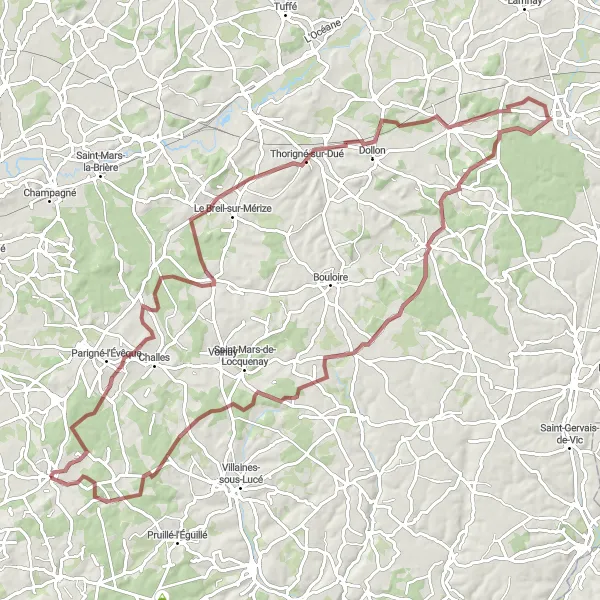 Miniature de la carte de l'inspiration cycliste "Boucle des Collines Gravel Cycling Tour" dans la Pays de la Loire, France. Générée par le planificateur d'itinéraire cycliste Tarmacs.app