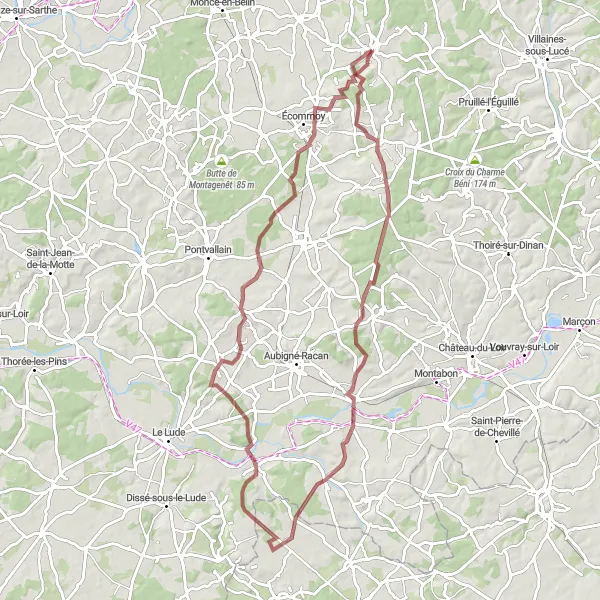 Miniature de la carte de l'inspiration cycliste "Parcours de la Vallée de la Sarthe" dans la Pays de la Loire, France. Générée par le planificateur d'itinéraire cycliste Tarmacs.app