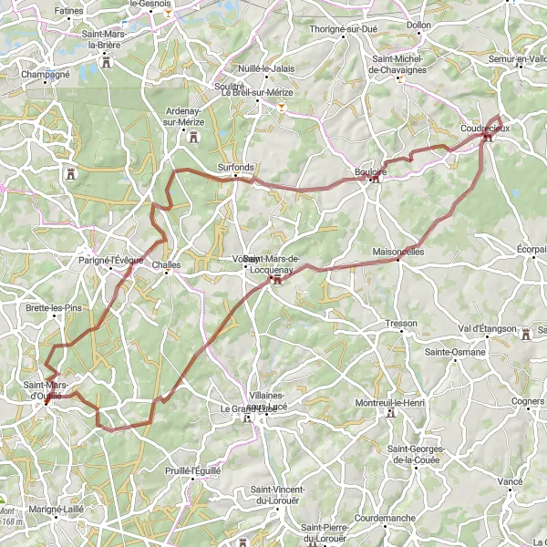 Miniature de la carte de l'inspiration cycliste "Boucle de la Vallée de la Sarthe" dans la Pays de la Loire, France. Générée par le planificateur d'itinéraire cycliste Tarmacs.app