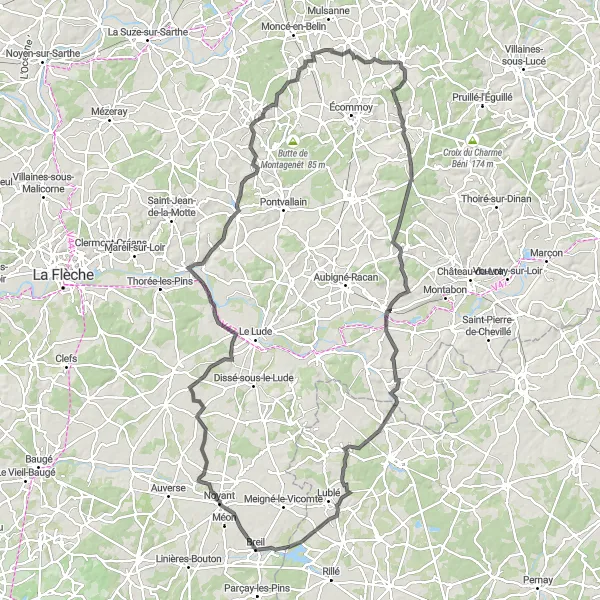 Miniature de la carte de l'inspiration cycliste "Boucle de Villiers-au-Bouin" dans la Pays de la Loire, France. Générée par le planificateur d'itinéraire cycliste Tarmacs.app