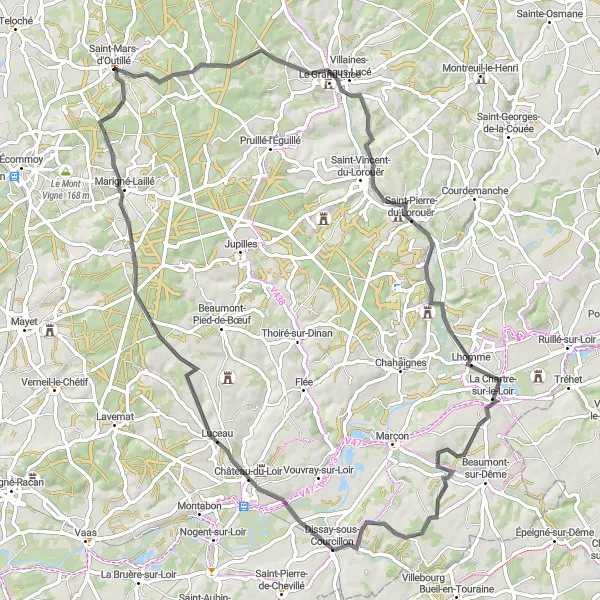 Miniature de la carte de l'inspiration cycliste "Les Châteaux de la Loire Road Cycling Tour" dans la Pays de la Loire, France. Générée par le planificateur d'itinéraire cycliste Tarmacs.app