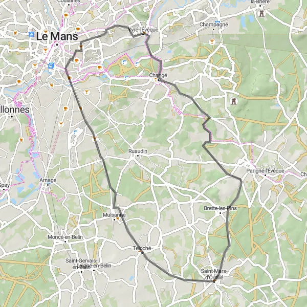 Miniature de la carte de l'inspiration cycliste "Les Collines du Maine Road Cycling Tour" dans la Pays de la Loire, France. Générée par le planificateur d'itinéraire cycliste Tarmacs.app
