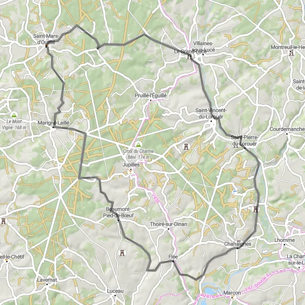 Miniature de la carte de l'inspiration cycliste "Tour de Marigné-Laillé" dans la Pays de la Loire, France. Générée par le planificateur d'itinéraire cycliste Tarmacs.app