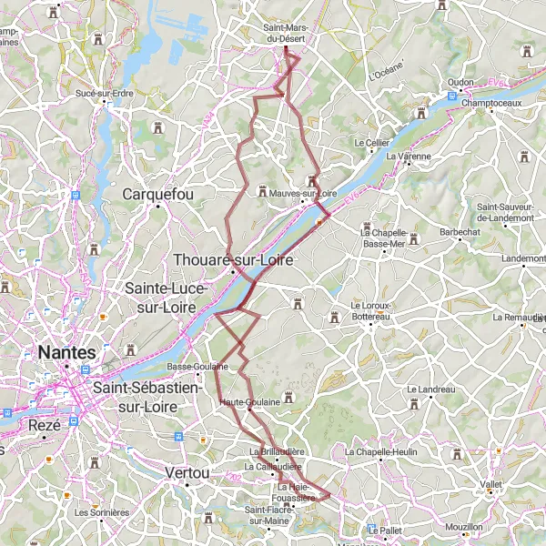 Miniature de la carte de l'inspiration cycliste "Escapade Nature en Gravel" dans la Pays de la Loire, France. Générée par le planificateur d'itinéraire cycliste Tarmacs.app