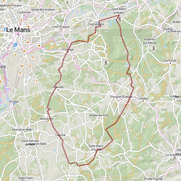 Map miniature of "Gravel Route around Saint-Mars-la-Brière" cycling inspiration in Pays de la Loire, France. Generated by Tarmacs.app cycling route planner