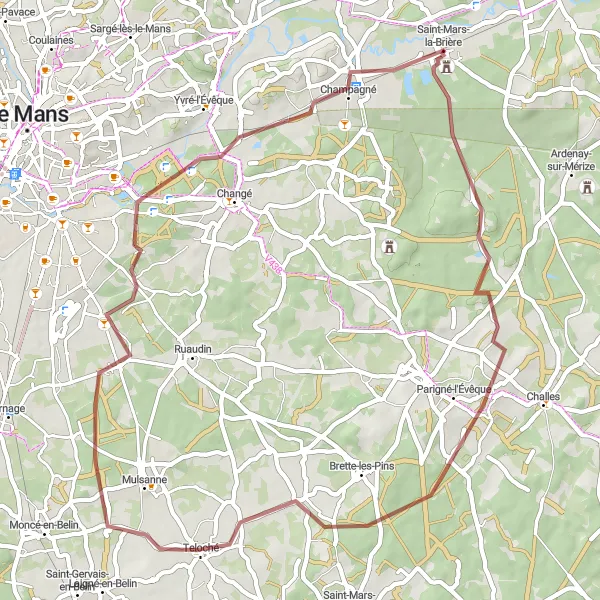 Map miniature of "Exciting Gravel Cycling Route near Saint-Mars-la-Brière" cycling inspiration in Pays de la Loire, France. Generated by Tarmacs.app cycling route planner